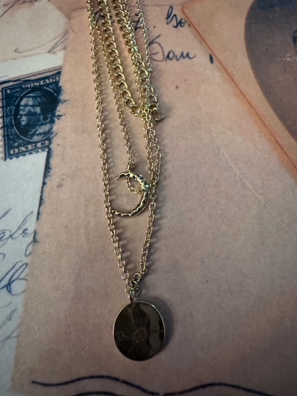 Gold Layered Moon & Disc Pendant Necklace - Women's Jewelry